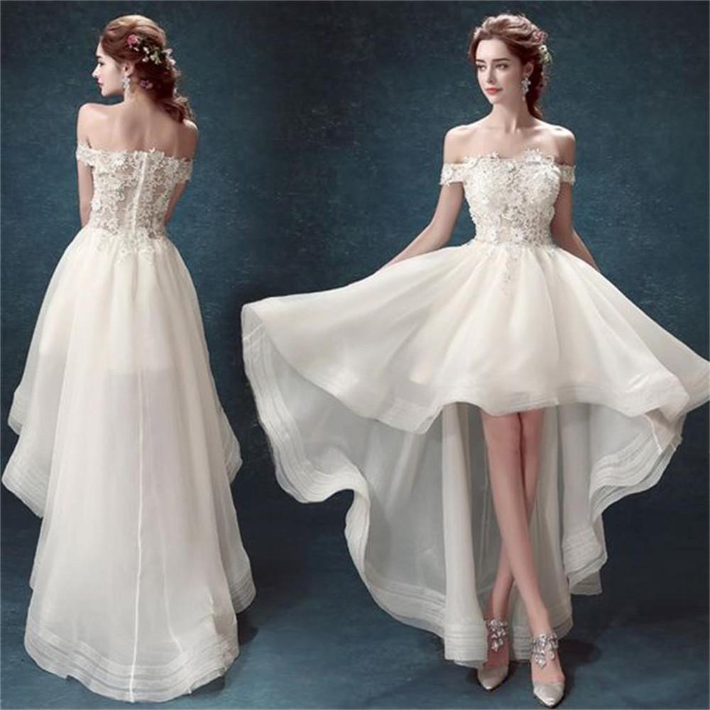 White Organza High Low Off Shoulder Cheap Wedding Dresses, MW162|musebridals.com