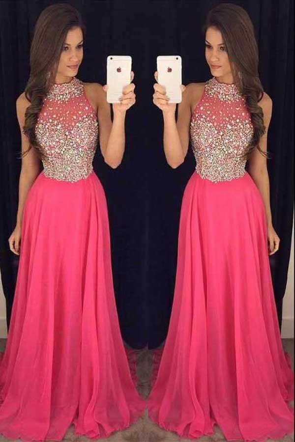 Hot Pink Halter Evening Prom Dresses With Beading, Cheap Party Dress on Line, MP109