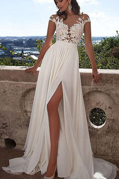 White Lace A-Line Front Split Wedding Dresses With Appliques, Bridal D –  Musebridals