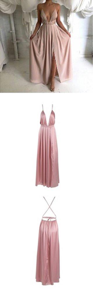 Chiffon Spaghetti Straps Side Slit Long Backless Sleeveless Prom Dresses, MP283|musebridals.com