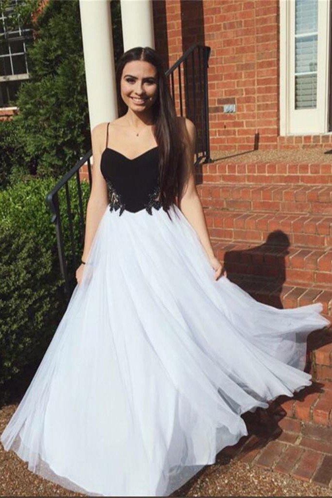 Simple Tulle Spaghetti Straps A-line Long Prom Dresses, Evening Dresses, MP290