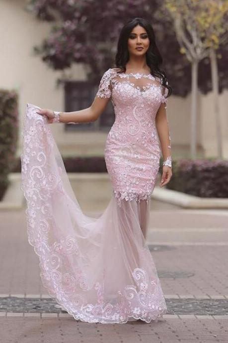 Pink Lace See Through Mermaid Long Sleeve Prom Dress, Cheap Evening Dresses, MP324