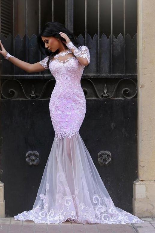 Pink Lace See Through Mermaid Long Sleeve Prom Dress, Cheap Evening Dresses, MP324|musebridals.com
