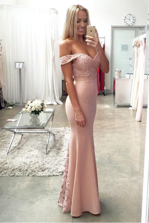 Blush Pink Mermaid Off Shoulder Long Prom Dresses, Cute Lace Party Dress, MB137