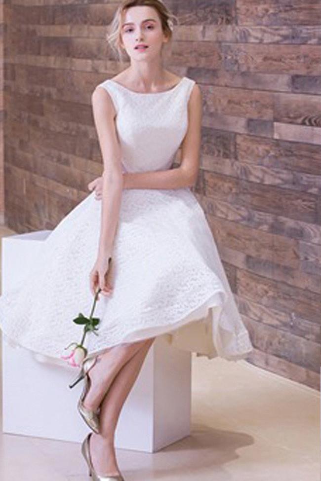 White Simple Lace Short Sleeveless Scoop Neck Prom Dresses, Wedding Party Dress, MH391