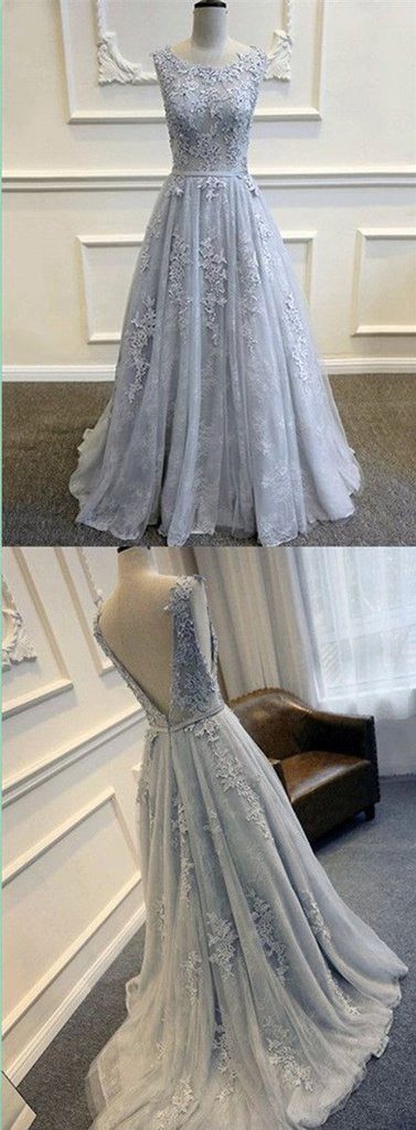 Gray V-Back Lace Tulle Long Prom Dresses With Appliques, Evening Dresses, MP241