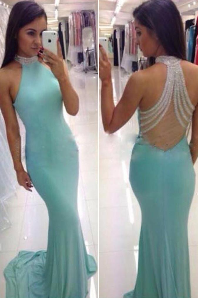 Blue High Neck Backless Mermaid Long Prom Dress, Evening Dresses for Cheap, MP135