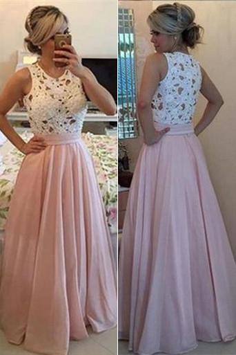 Fashion Pink Satin A-line Scoop Prom Dresses, Party Dresses for Woman, MP378