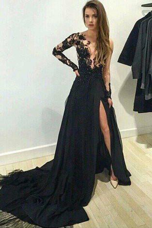 Slit Glamorous Lace Black Long-Sleeve Evening Dress Prom Dress PG431