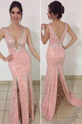 Newest Pink V-neck Mermaid Beaded Split Prom Dress, Evening Dress, MP341