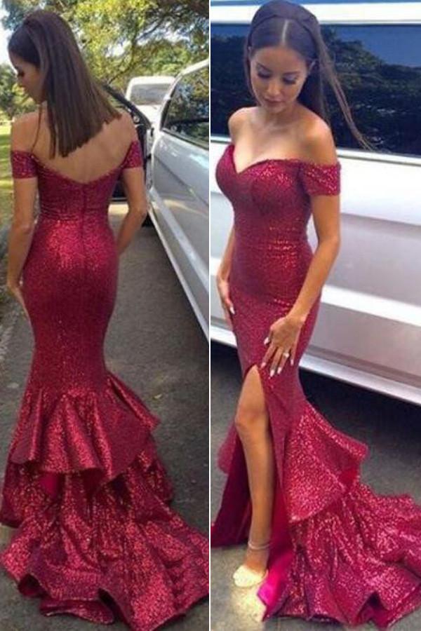 Glittering Red Sequined Mermaid Off Shoulder Prom Dresses, Evening Dresses, MP227