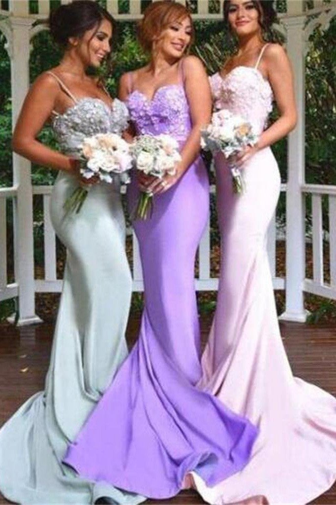 Satin Mermaid Spaghetti Straps Bridesmaid Dresses, Wedding Party Dresses, MB178