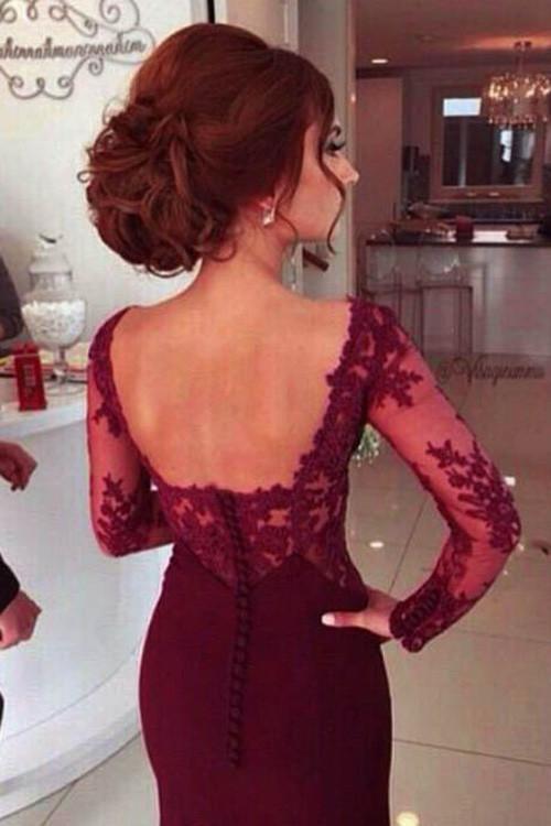 Burgundy Sweetheart Long Sleeve A-Line Prom Dress With Lace Appliques, MP146