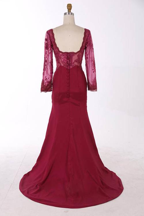 Burgundy Sweetheart Long Sleeve A-Line Prom Dress With Lace Appliques, MP146