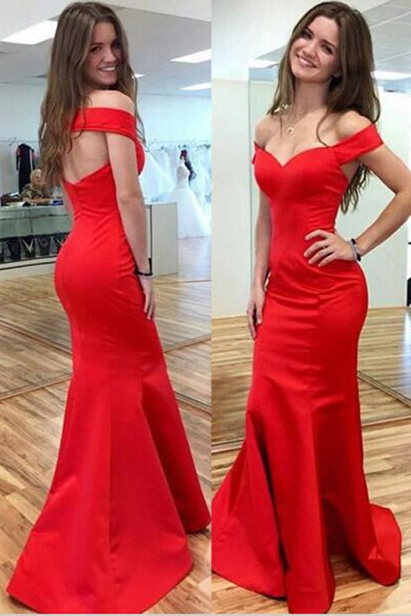 Red Mermaid Off Shoulder Open Back Long Prom Dresses, Red Prom Dress, MP362