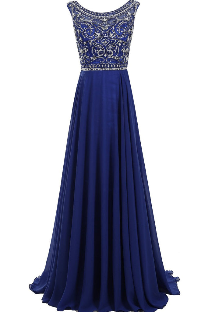 Decent Scoop A-line Royal Blue Beaded Sleeveless Prom Dresses online, MP368