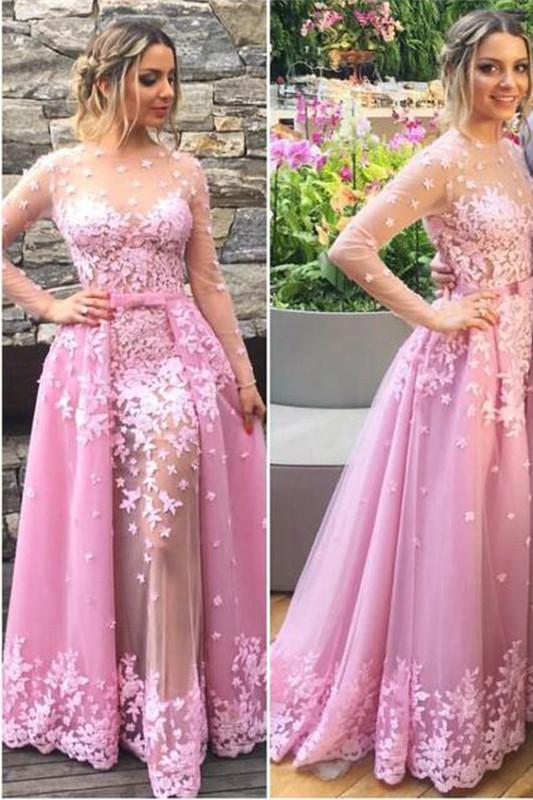 Fabulous Lavender Floral Long Sleeves Prom Dress, Party Dresses With Appliques, MP165