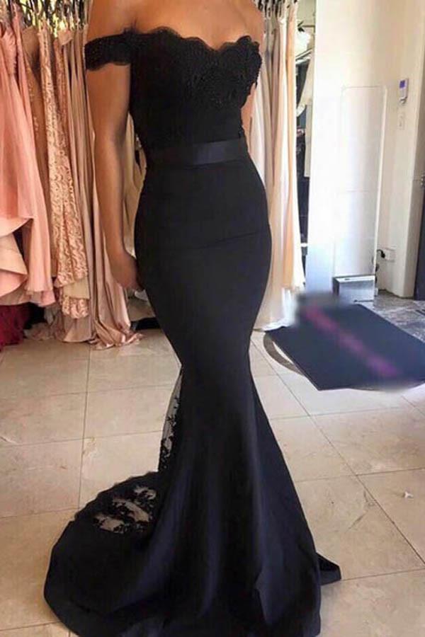 Black Satin Mermaid Off Shoulder Long Prom Dresses, Party Dresses with Lace, MP187
