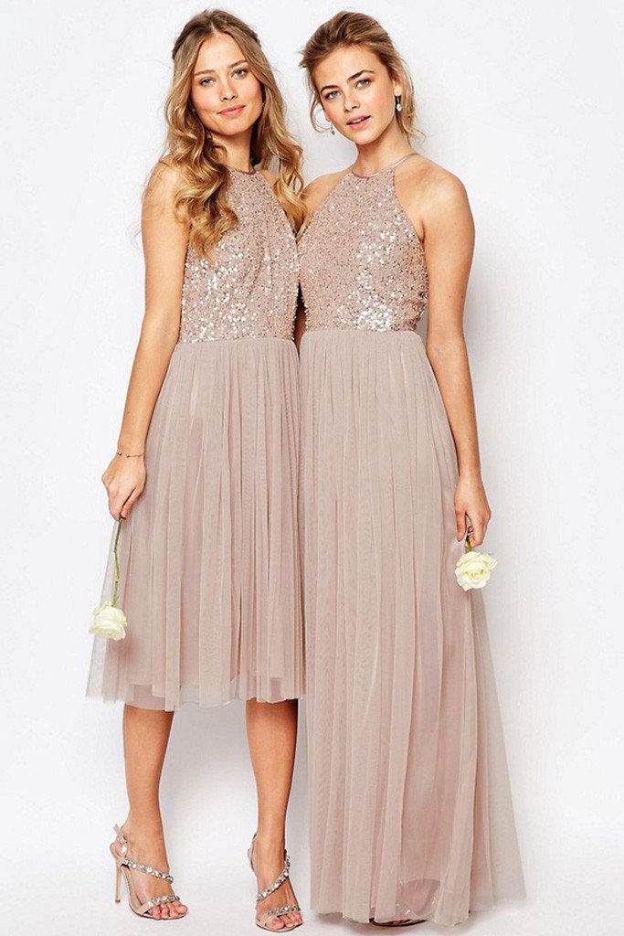 Gorgeous Glittering Tulle Halter Romantic Short Long Bridesmaid Dresses, MB152