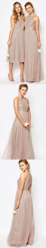 Gorgeous Glittering Tulle Halter Romantic Short Long Bridesmaid Dresses, MB152|musebridals.com