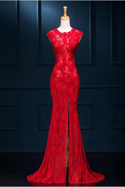Red Lace See Through Split Mermaid Long Prom Dresses Evening Dresses, MP279