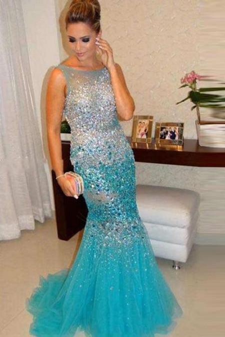 Crystal Beaded Mermaid Straps Long Prom Dresses Evening Dresses, MP295