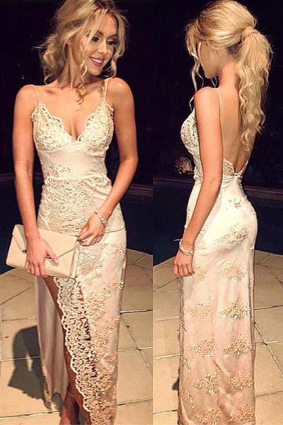 Fabulous Spaghetti Straps Long Prom Dress Lace Party Dress With Front Split, MP108