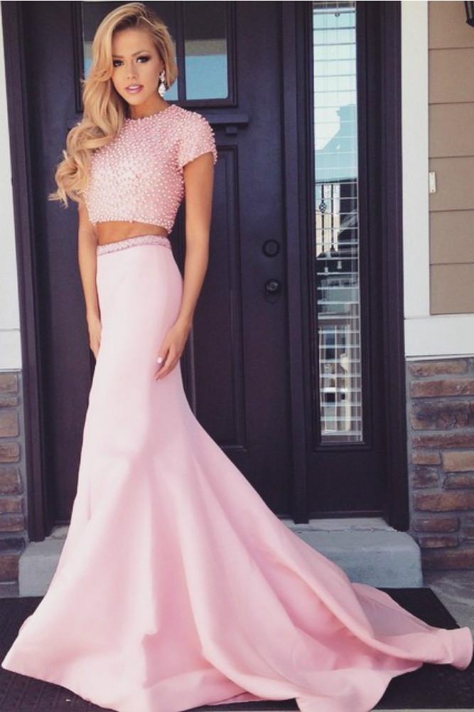 Pink Satin Mermaid Two Piece Sweep Train Backless Prom Dress with Beading, MP335