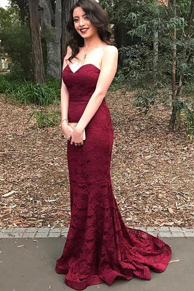 Chic Burgundy Mermaid Lace Sweetheart Long Prom Dress, Party Dress, MP175