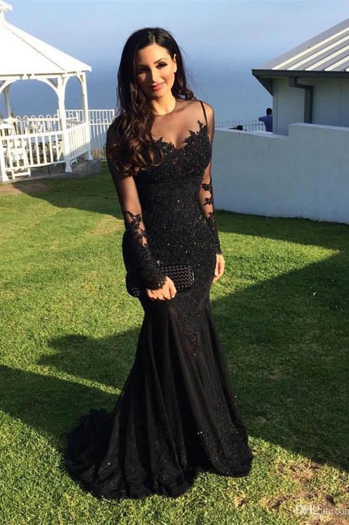 Black Mermaid Long Sleeves Prom Dresses, Evening Dress with Appliques, MP200