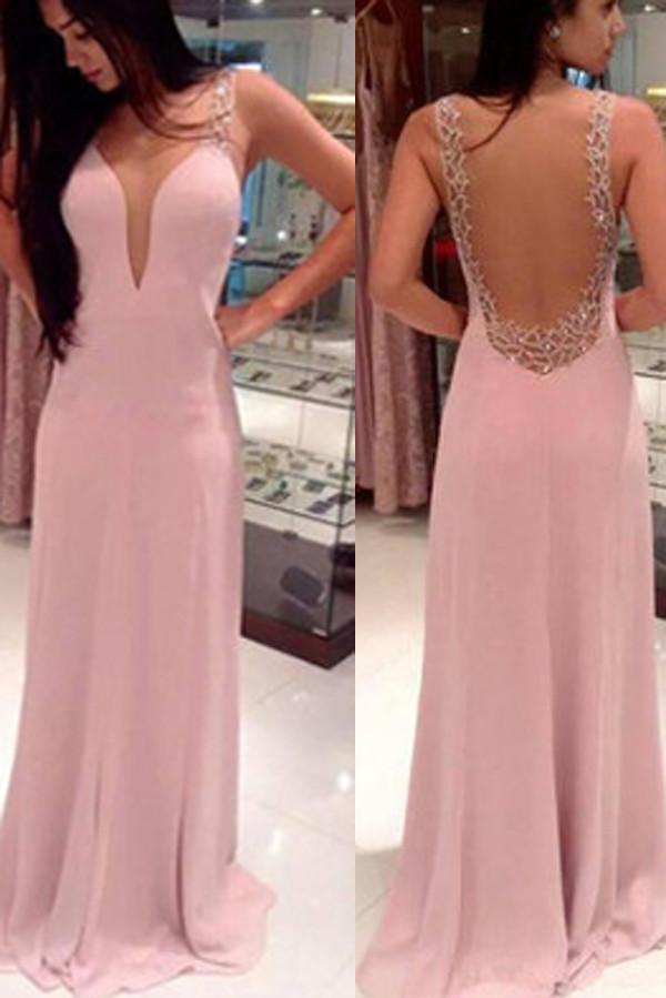Pink V-Neck Backless Long Prom Dresses, Pretty Evening Dresses, Party Dresses, MP274