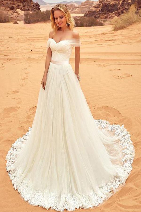 Fabulous White A-line Off Shoulder Tulle Wedding Dresses with Sweep Brush Train, MW235