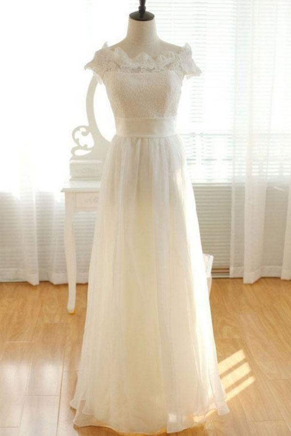 Elegant Ivory Chiffon Lace Long Wedding Dresses, Pretty Bridal Gown, MW137