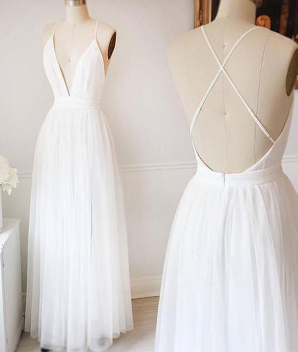 Simple White A-line Tulle V Neck Wedding Dresses, Long Prom Dresses, MW218|musebridals.com