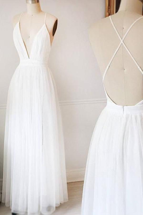 Simple White A-line Tulle V Neck Wedding Dresses, Long Prom Dresses, MW218