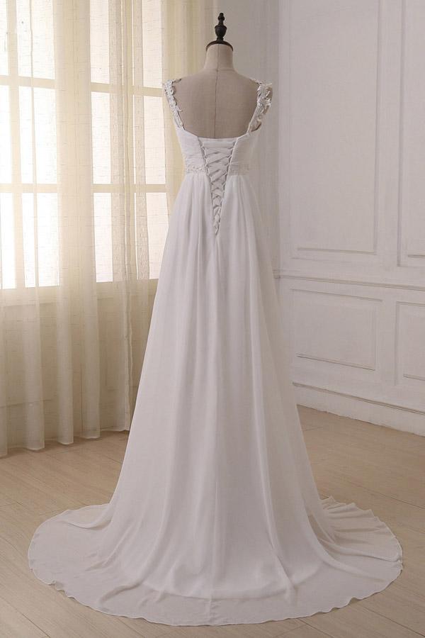 Simple White Chiffon V Neck Straps Wedding Dresses with Sweep Train, MW233