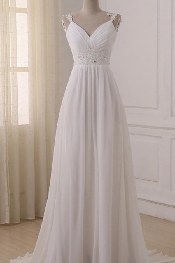 Simple White Chiffon V Neck Straps Wedding Dresses with Sweep Train ...