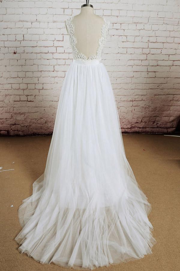 musebridals offer White Tulle Lace Halter V-Neck Long Wedding Dresses with Sweep Train, MW232