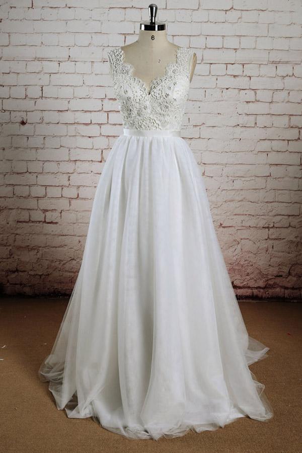 White Tulle Lace Halter V-Neck Long Wedding Dresses with Sweep Train, MW232