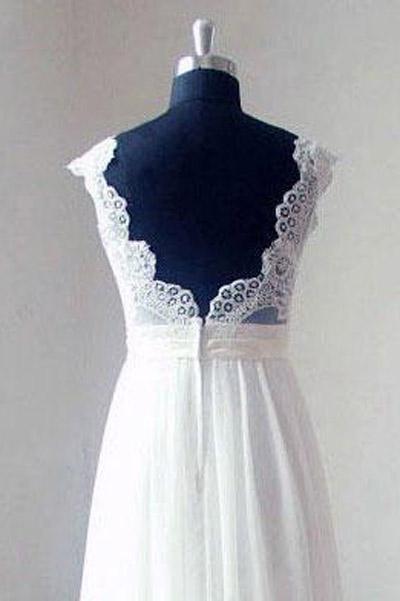 Ivory Chiffon Lace V-neck Bodice Beach Wedding Dresses With Sweep Train, MW175|musebridals.com