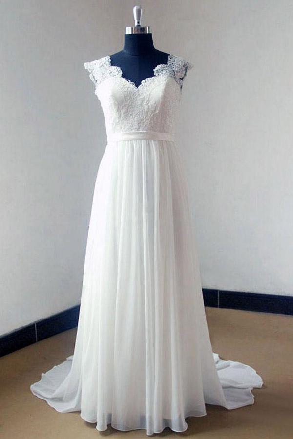 Ivory Chiffon Lace V-neck Bodice Beach Wedding Dresses With Sweep Train, MW175
