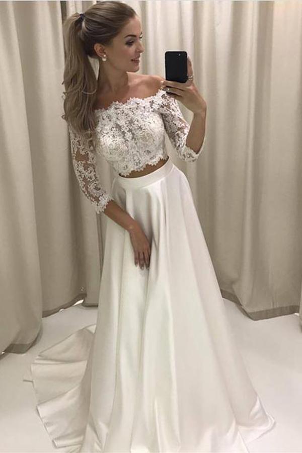 White Two Piece Lace Half Sleeve Boho Style Beach Wedding Dresses, MW230