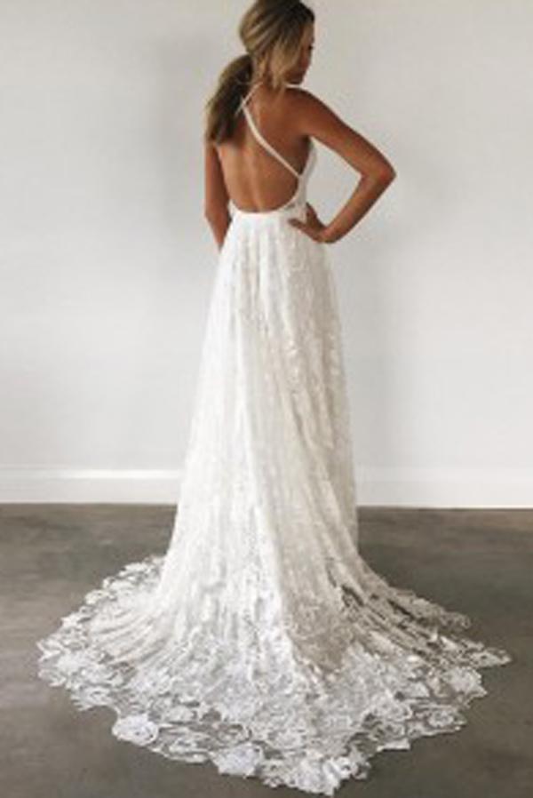 Ivory Lace Open Back Spaghetti Strap Side Split Beach Wedding Dresses, MW169
