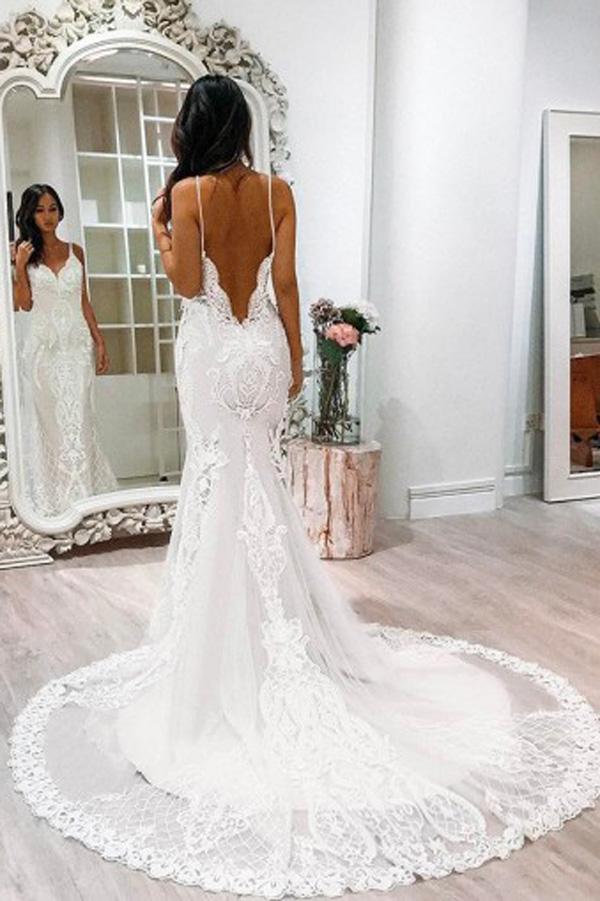 Gorgeous White Spaghetti Straps Lace Tulle Mermaid Court Train Wedding Dresses, MW239