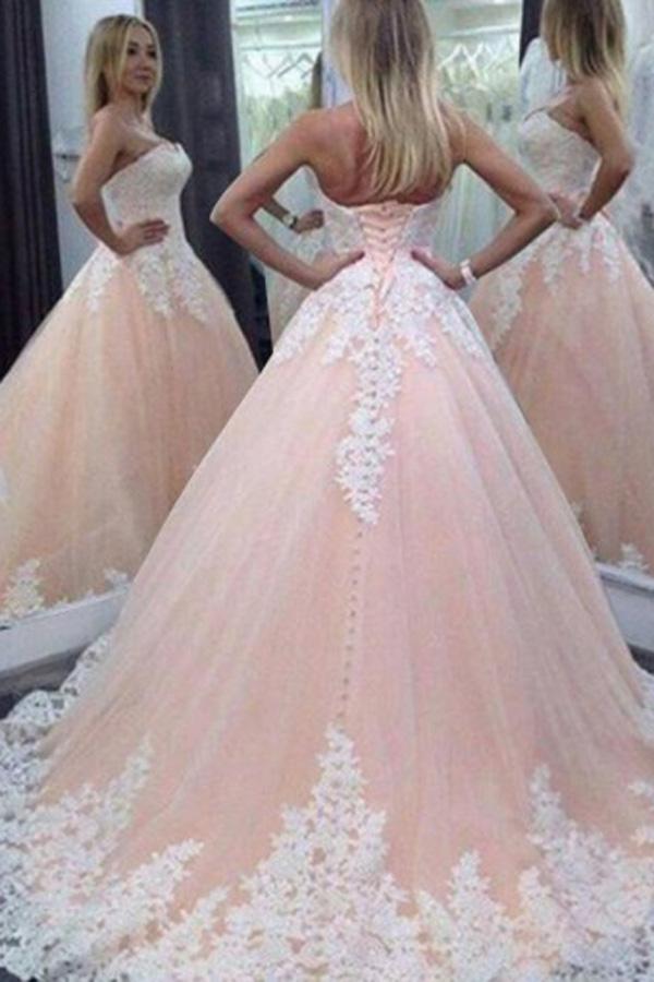 Fabulous Pink A-line Sweetheart Long Wedding Dress with Appliques, MW220