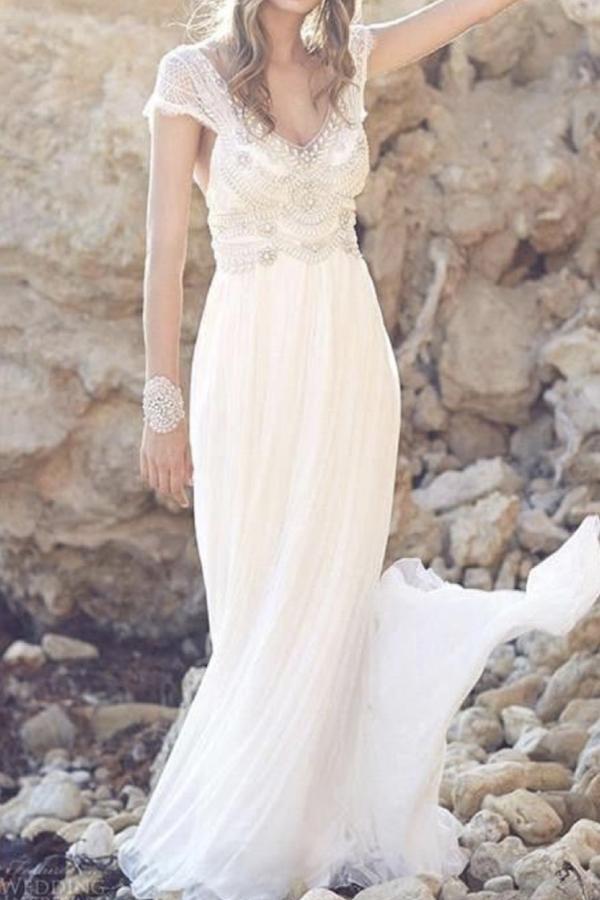 Fabulous Tulle Cap Sleeves Long Beach Wedding Dress with Lace, MW146 at musebridals.com