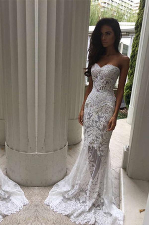 White Off Shoulder Sweetheart Mermaid Formal Long Wedding Dress, MW165