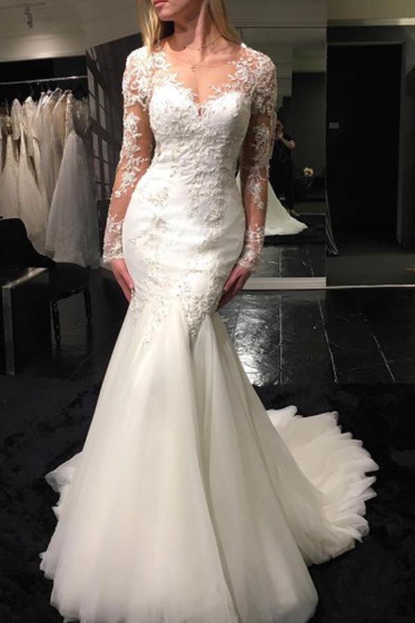 White Tulle Scoop Neck Long Sleeve Mermaid Sweep Train Lace Wedding Dresses, MW194