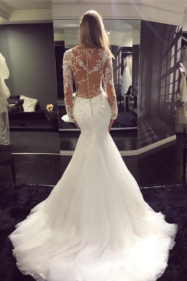 White Tulle Scoop Neck Long Sleeve Mermaid Sweep Train Lace Wedding Dresses, MW194|musebridals.com