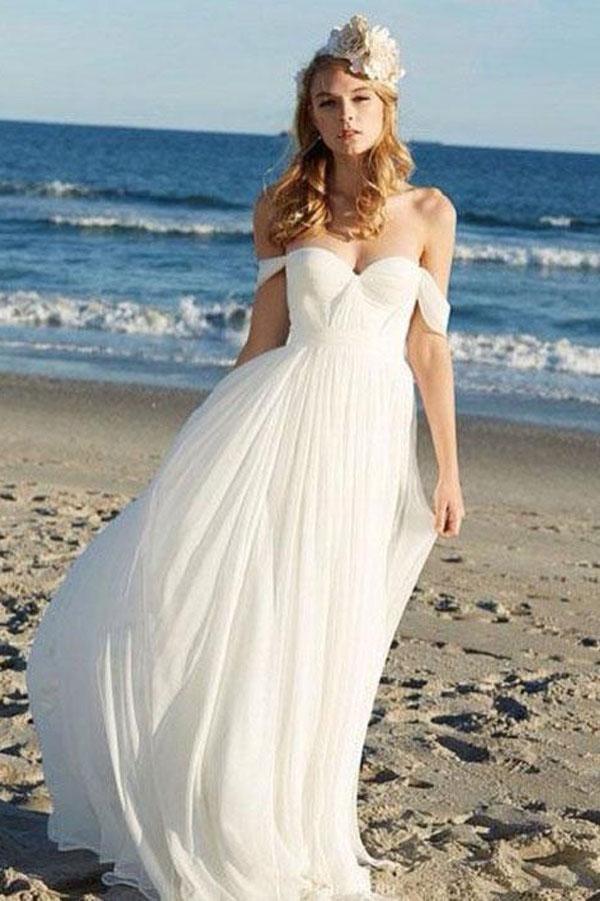 Simple Chiffon Ivory A-line Off Shoulder Summer Beach Wedding Dress, MW171